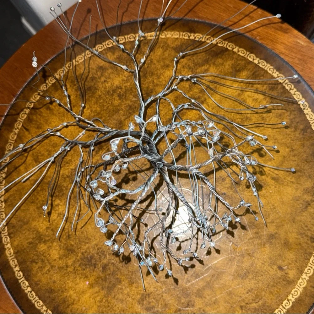 Silver Wire Tree Sculpture Beaded Weeping Willow Bonsai Tree Sculpture Cottage